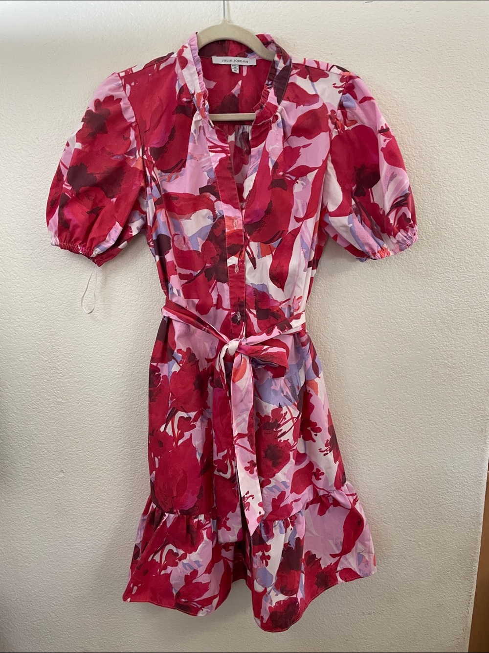 julia jordan Pink & Red Floral Puff-Sleeve Tie-Waist Midi Dress pockets 21x37